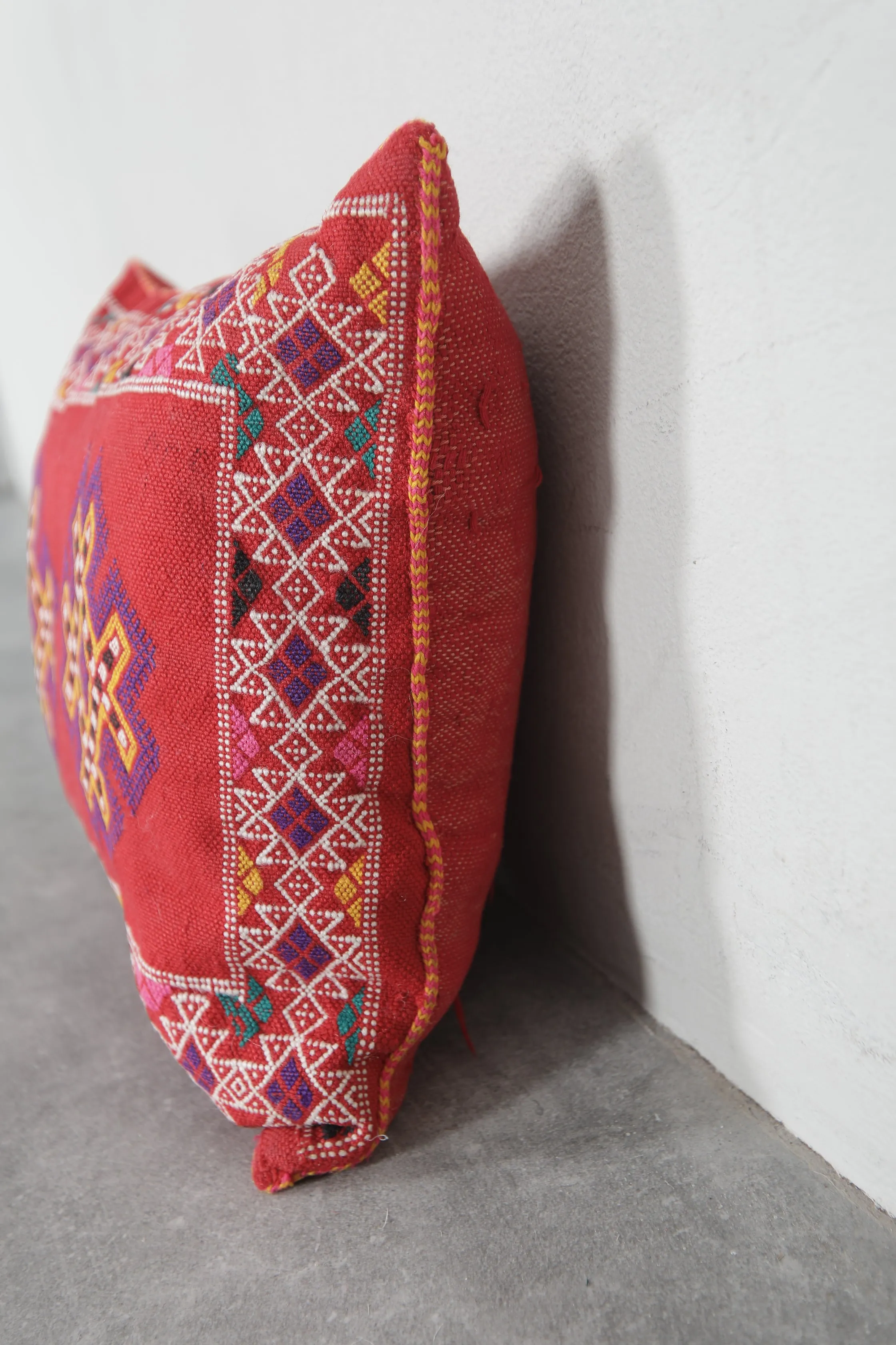 Vivid Red Moroccan Embroidered Pillow - 12.9 x 16.1 Inches