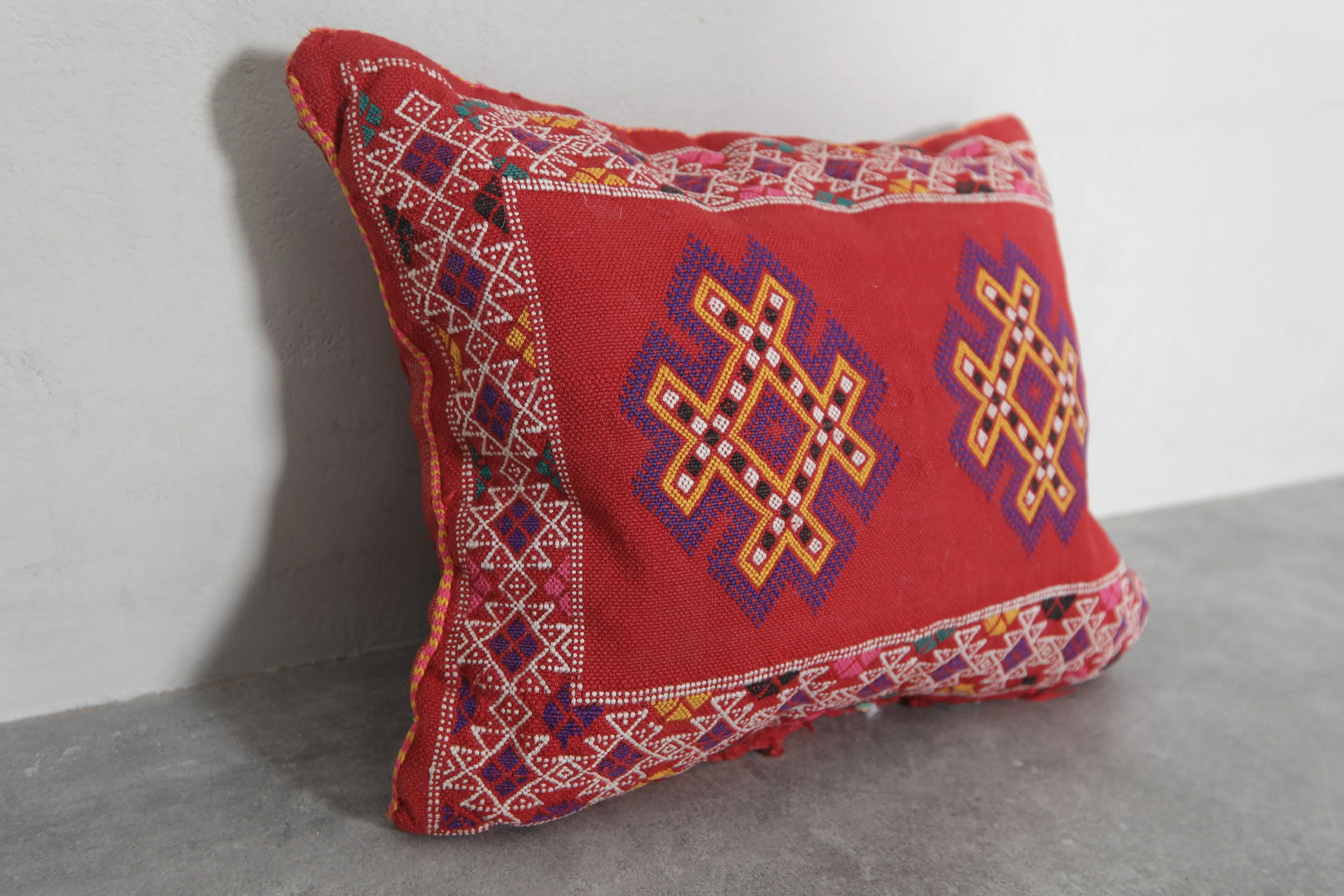 Vivid Red Moroccan Embroidered Pillow - 12.9 x 16.1 Inches