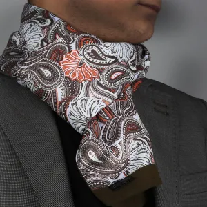 White Brown Paisley Mens Silk Scarf - Designer neck scarf for winters