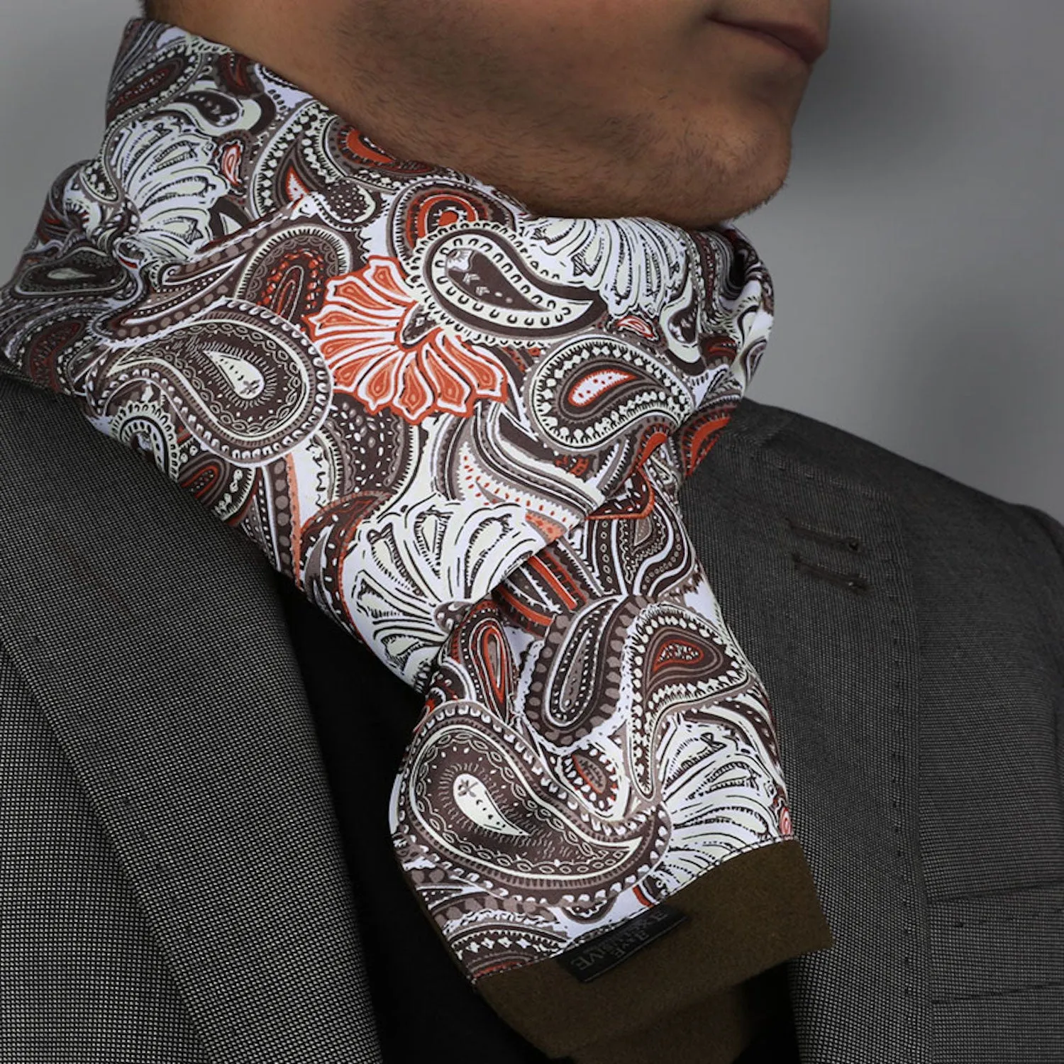 White Brown Paisley Mens Silk Scarf - Designer neck scarf for winters