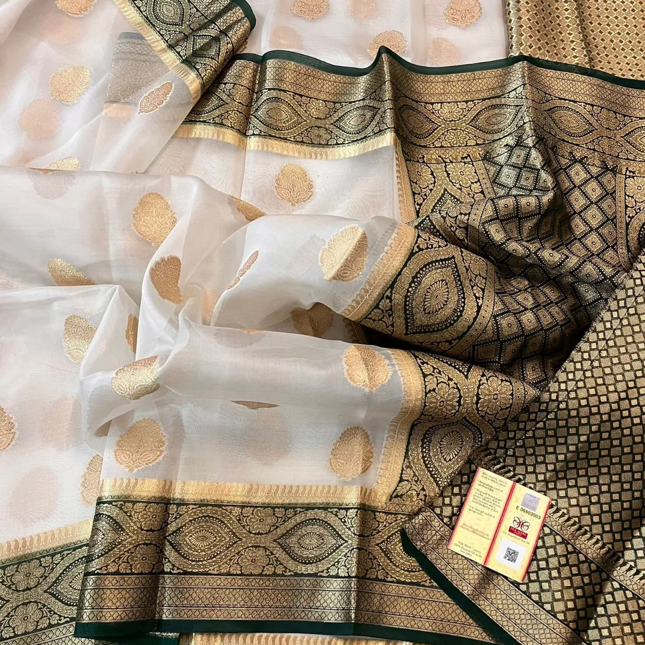 White Gold Banarasi Semi Kora Organza Party/Festive Saree