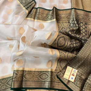White Gold Banarasi Semi Kora Organza Party/Festive Saree