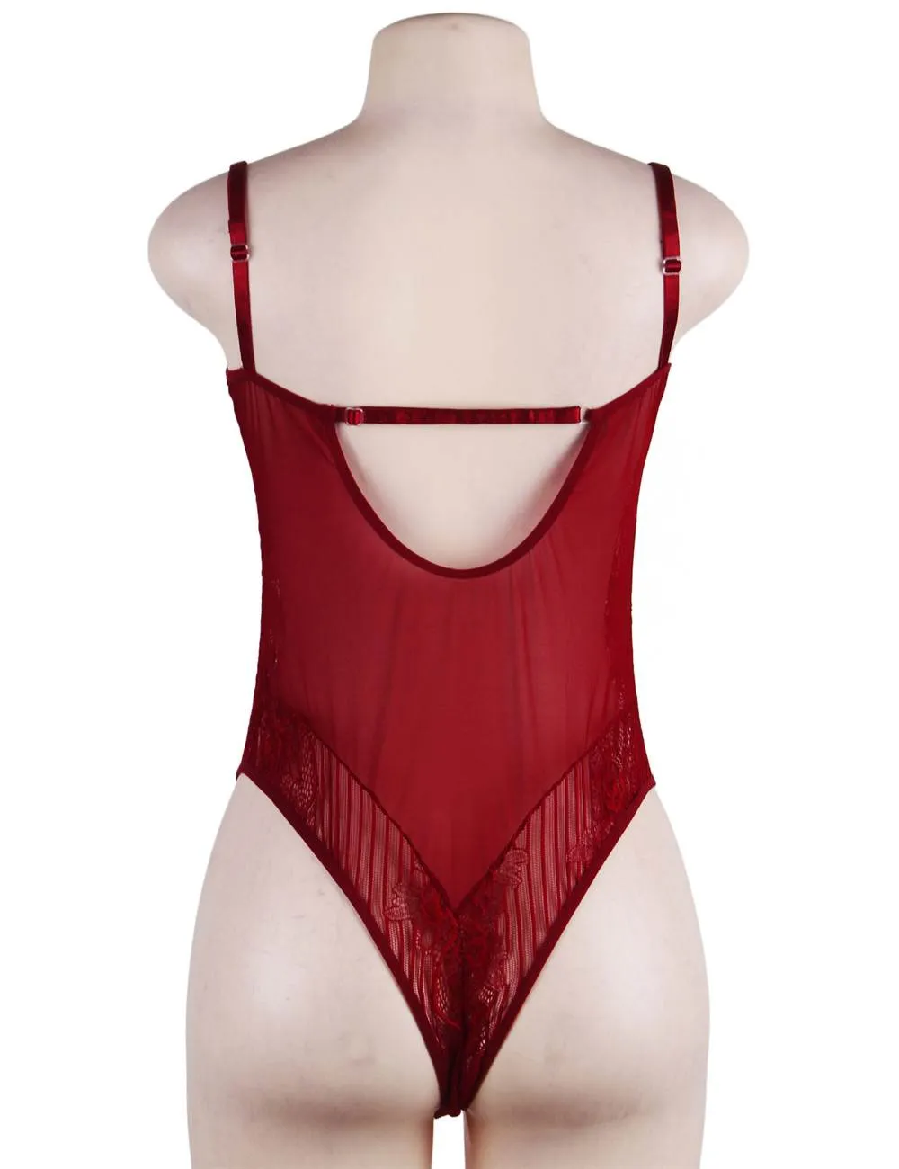 Wine Red Glamour Underwire Hollywood Sheer Lace Teddy With Steel Ring