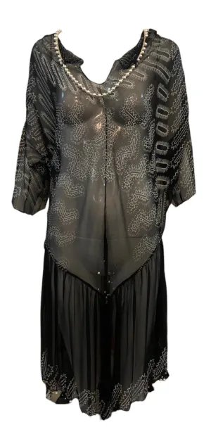 Zandra Rhodes 80s Black Chiffon Dress Trimmed with Pearls and Rhinestones
